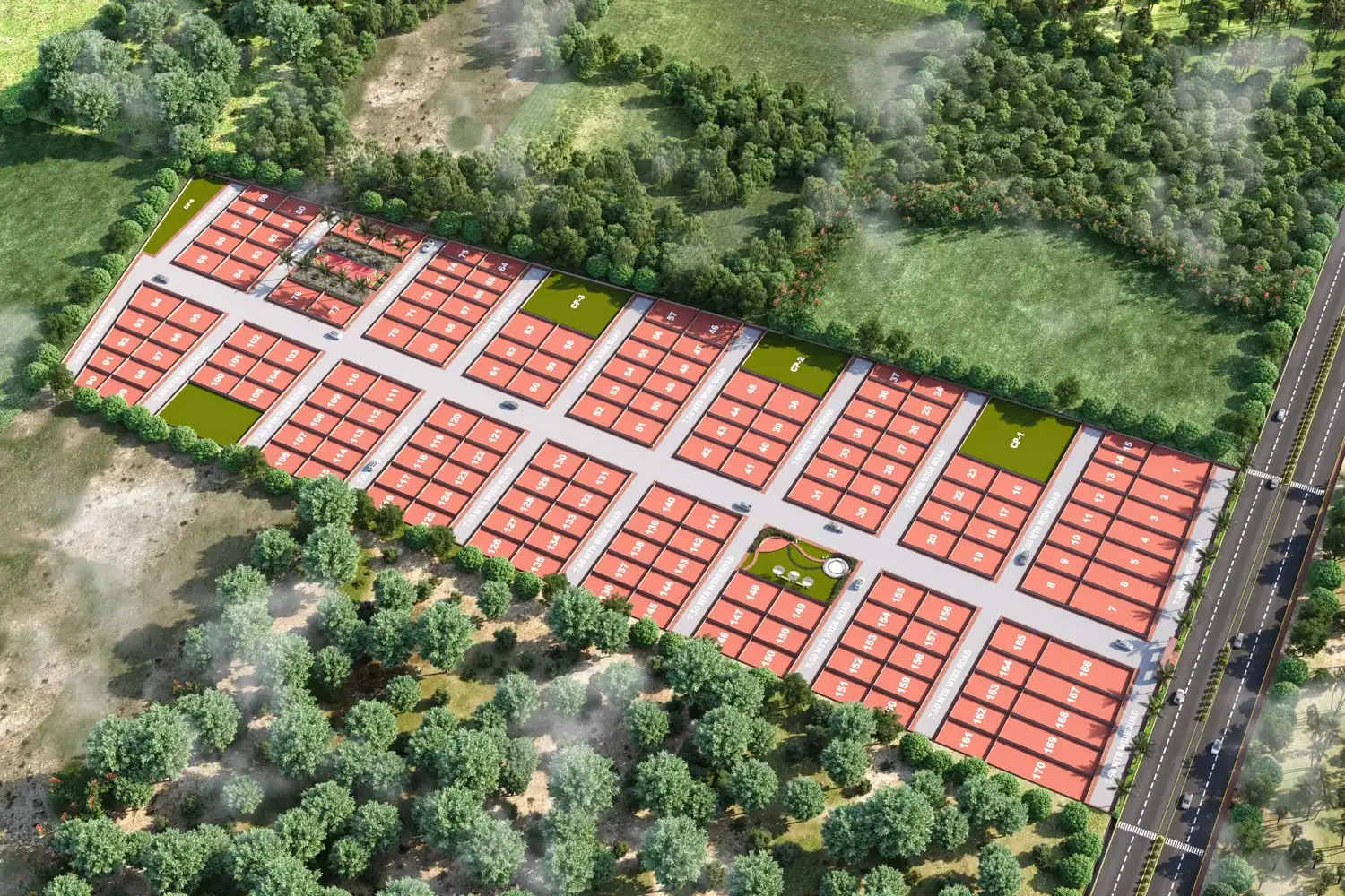 Numbered plot layout showing plot numbers, road widths and common plots